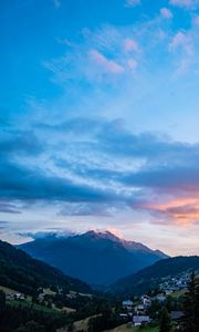 Preview wallpaper mountains, slopes, valley, trees, landscape, clouds