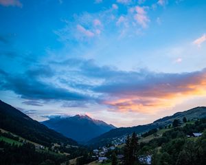 Preview wallpaper mountains, slopes, valley, trees, landscape, clouds