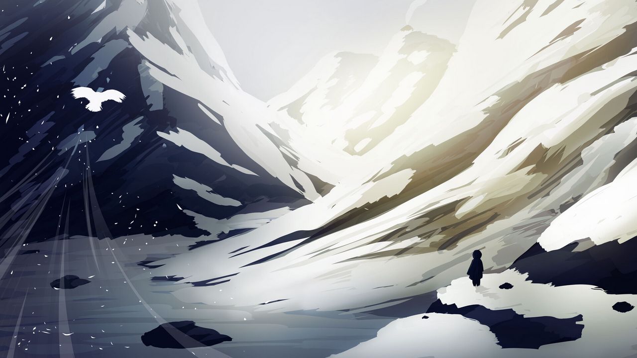 Wallpaper mountains, snow, bird, flight, man, silhouette, art