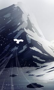 Preview wallpaper mountains, snow, bird, flight, man, silhouette, art