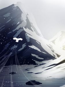 Preview wallpaper mountains, snow, bird, flight, man, silhouette, art