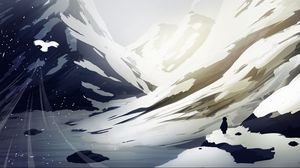Preview wallpaper mountains, snow, bird, flight, man, silhouette, art
