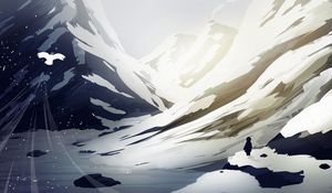 Preview wallpaper mountains, snow, bird, flight, man, silhouette, art