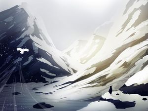 Preview wallpaper mountains, snow, bird, flight, man, silhouette, art