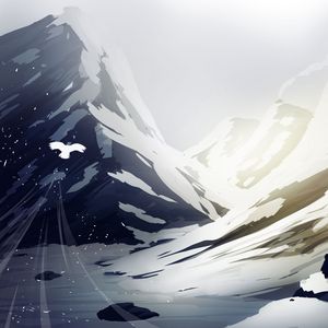 Preview wallpaper mountains, snow, bird, flight, man, silhouette, art