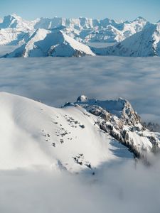 Preview wallpaper mountains, snow, clouds, winter, landscape, aerial view