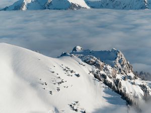 Preview wallpaper mountains, snow, clouds, winter, landscape, aerial view