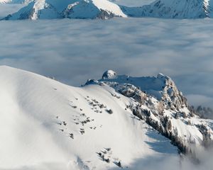 Preview wallpaper mountains, snow, clouds, winter, landscape, aerial view