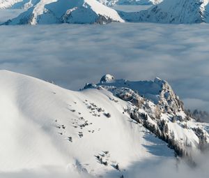 Preview wallpaper mountains, snow, clouds, winter, landscape, aerial view