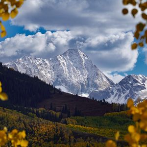 Preview wallpaper mountains, snow, clouds, trees, landscape