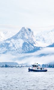 Preview wallpaper mountains, snow, clouds, boat, sea