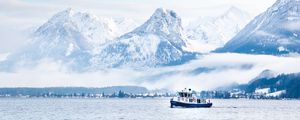 Preview wallpaper mountains, snow, clouds, boat, sea