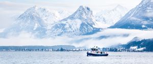 Preview wallpaper mountains, snow, clouds, boat, sea