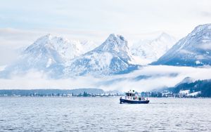 Preview wallpaper mountains, snow, clouds, boat, sea