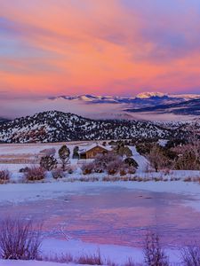 Preview wallpaper mountains, snow, dawn, house, horizon, colorado, usa