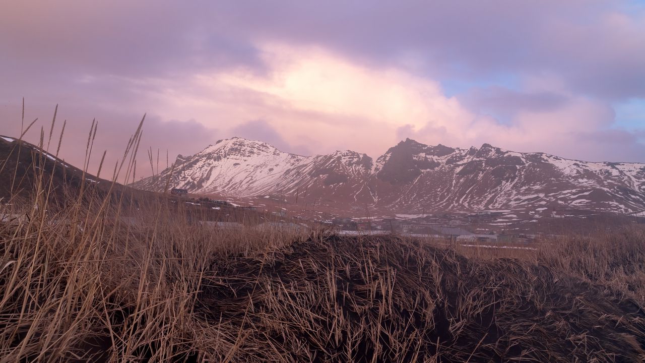 Wallpaper mountains, snow, field, grass, landscape, twilight