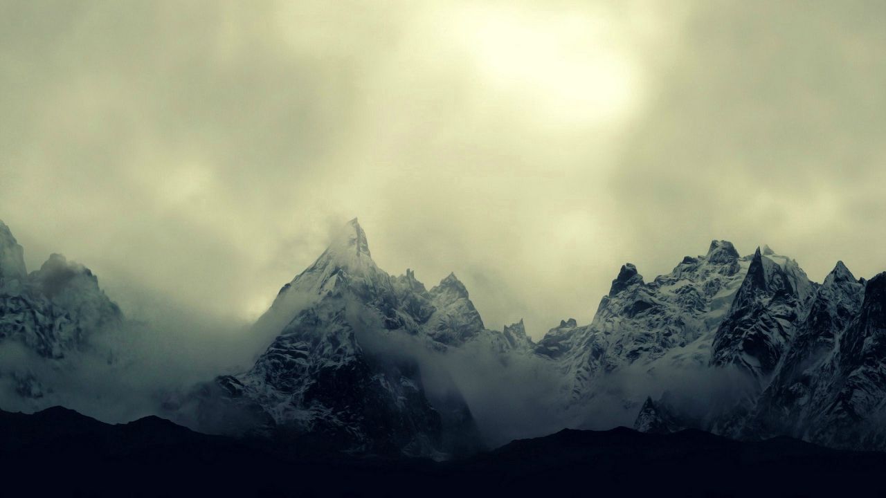 Wallpaper mountains, snow, fog, sky