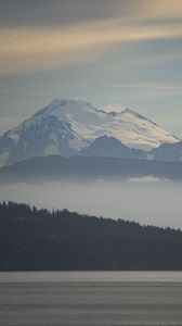 Preview wallpaper mountains, snow, fog, trees, river