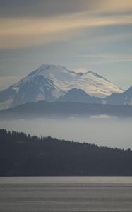 Preview wallpaper mountains, snow, fog, trees, river