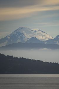 Preview wallpaper mountains, snow, fog, trees, river