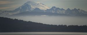 Preview wallpaper mountains, snow, fog, trees, river