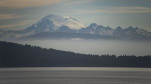 Preview wallpaper mountains, snow, fog, trees, river