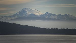 Preview wallpaper mountains, snow, fog, trees, river