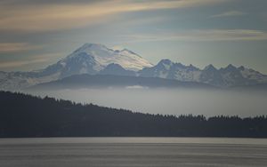 Preview wallpaper mountains, snow, fog, trees, river