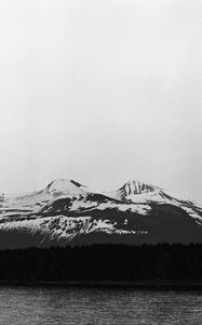 Preview wallpaper mountains, snow, forest, trees, river, black and white