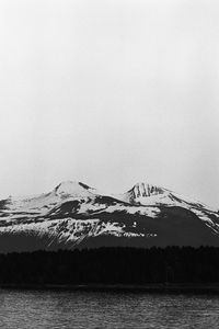 Preview wallpaper mountains, snow, forest, trees, river, black and white