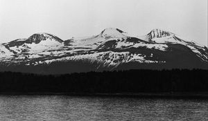 Preview wallpaper mountains, snow, forest, trees, river, black and white