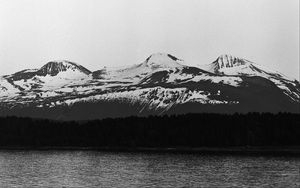 Preview wallpaper mountains, snow, forest, trees, river, black and white