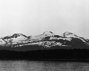 Preview wallpaper mountains, snow, forest, trees, river, black and white