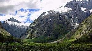 Preview wallpaper mountains, snow, greens, height, sky, greatness