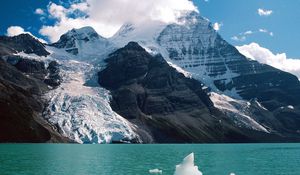 Preview wallpaper mountains, snow, height, clouds, lake, glacier, day