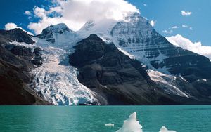 Preview wallpaper mountains, snow, height, clouds, lake, glacier, day