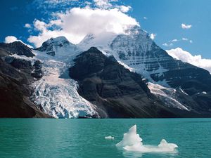 Preview wallpaper mountains, snow, height, clouds, lake, glacier, day