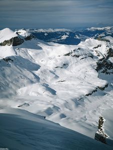 Preview wallpaper mountains, snow, height, gray, white, blue, fog