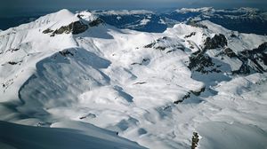 Preview wallpaper mountains, snow, height, gray, white, blue, fog