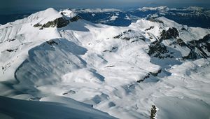 Preview wallpaper mountains, snow, height, gray, white, blue, fog