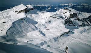 Preview wallpaper mountains, snow, height, gray, white, blue, fog