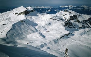 Preview wallpaper mountains, snow, height, gray, white, blue, fog