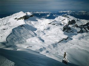 Preview wallpaper mountains, snow, height, gray, white, blue, fog