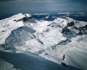 Preview wallpaper mountains, snow, height, gray, white, blue, fog