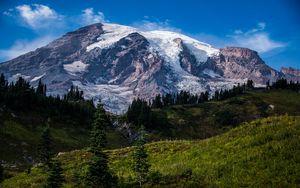 Preview wallpaper mountains, snow, hills, trees, landscape, nature