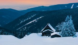 Preview wallpaper mountains, snow, house, winter, hut, alps