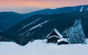 Preview wallpaper mountains, snow, house, winter, hut, alps