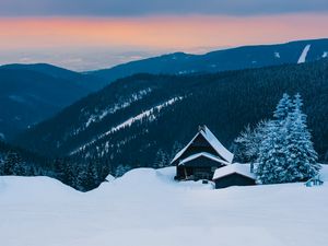 Preview wallpaper mountains, snow, house, winter, hut, alps