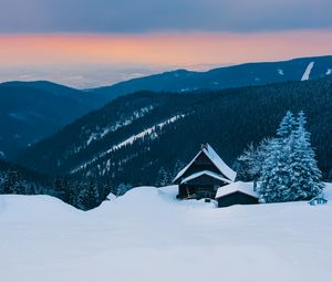 Preview wallpaper mountains, snow, house, winter, hut, alps