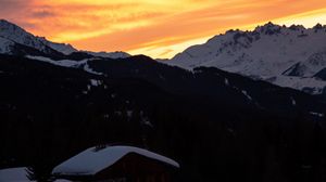 Preview wallpaper mountains, snow, house, dusk, nature